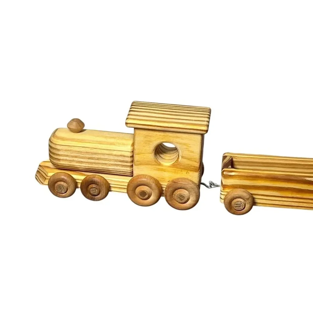 Wooden Train Set Kids Toy Wheeled Engine Cars Flatbed Caboose Wood Four Piece